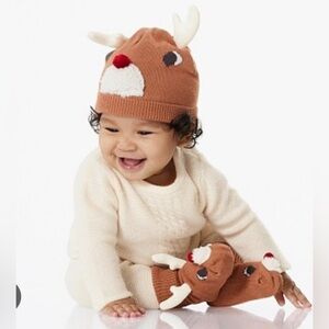 NIB Set Pottery Barn Baby Christmas Rudolph Reindeer Knit Beanie Hat & Bootie